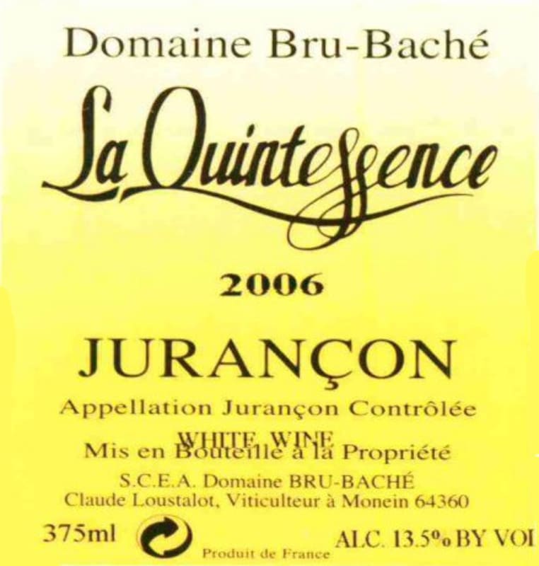 Route Des Vins Du Jurançon Jurancon Domaine Bru-Bache La Quintessence 2006 Front Label