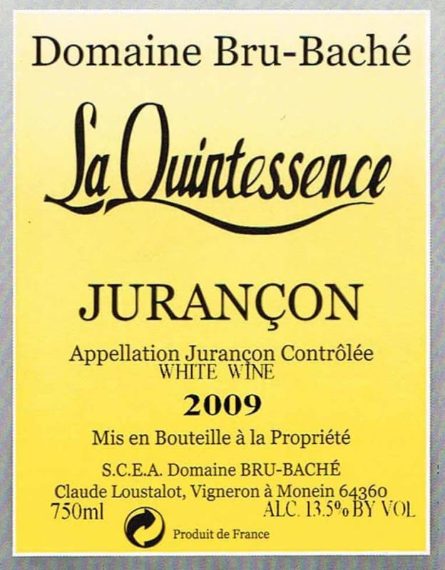 Route Des Vins Du Jurançon Jurancon Domaine Bru-Bache La Quintessence 2009 Front Label