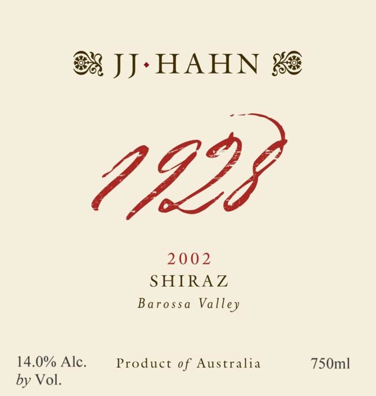 JJ Hahn 1928 Shiraz 2002 Front Label