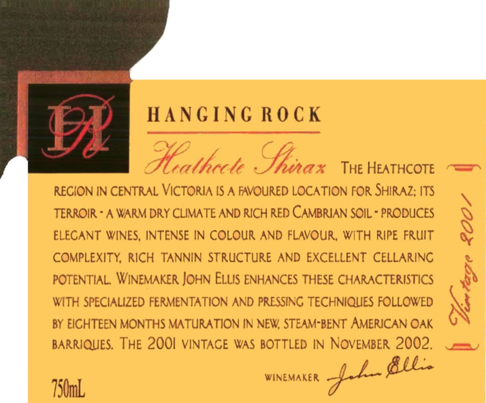 Hanging Rock Winery Heathcote Shiraz 2001 Front Label