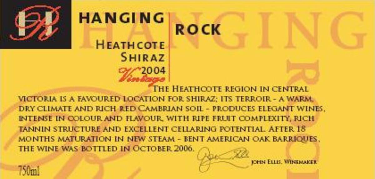Hanging Rock Winery Heathcote Shiraz 2004 Front Label