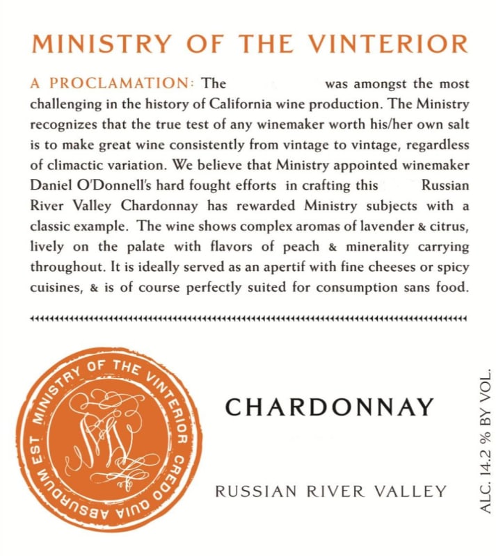 Ministry of Vinterior Russian River Valley Chardonnay 2012 Front Label