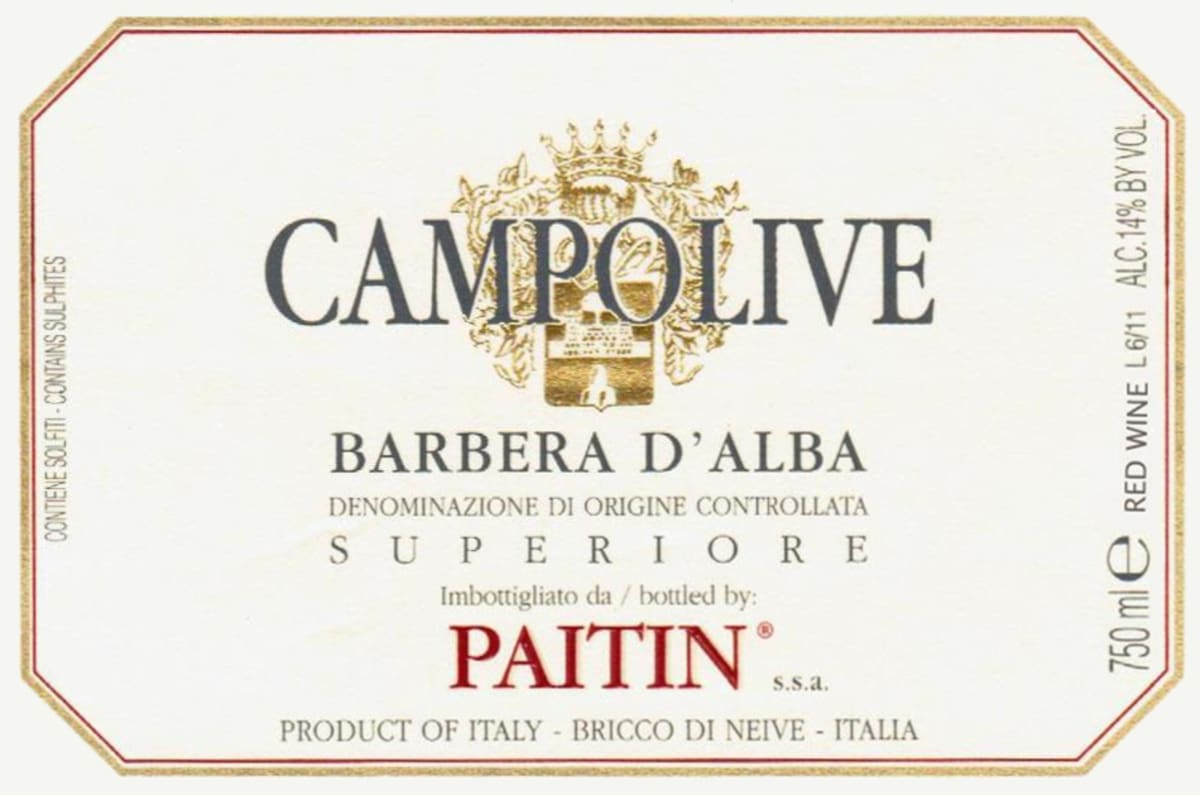 Paitin Barbera d'Alba Campolive 2012 Front Label