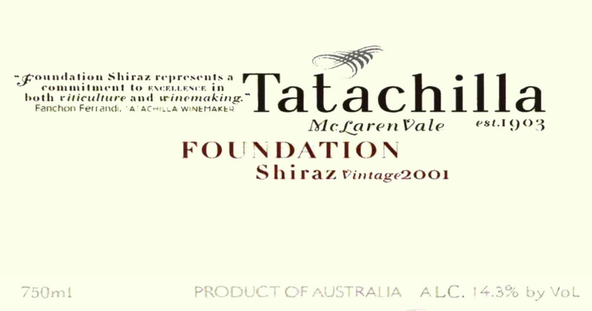 Tatachilla Foundation Shiraz 2001 Front Label