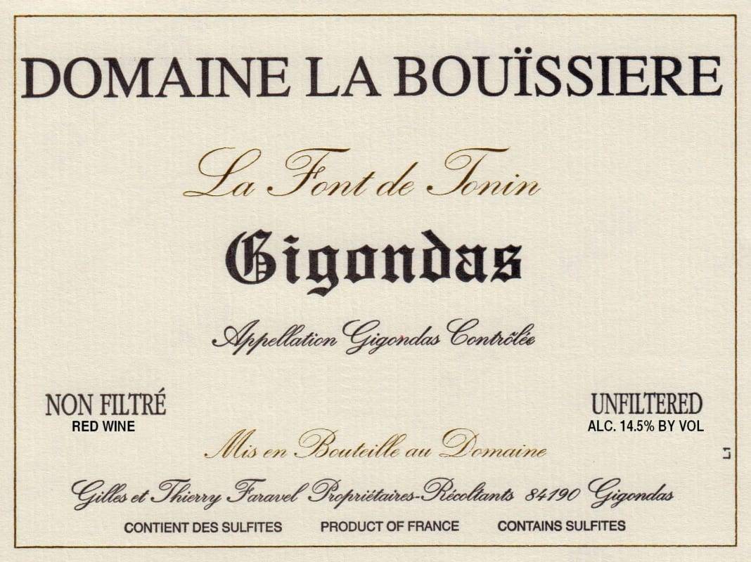 Domaine La Bouissiere Gigondas La Font de Tonin 2012 Front Label