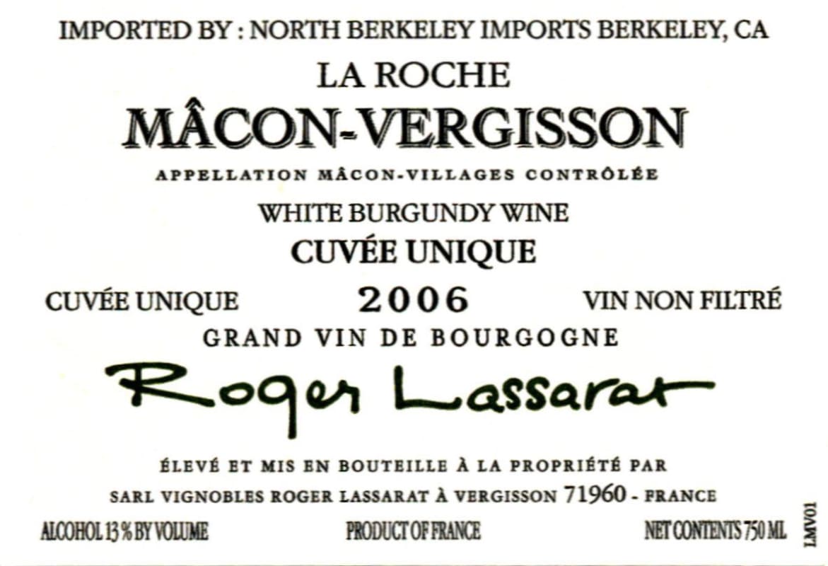Roger Lassarat Macon-Vergisson La Roche Cuvee Unique 2013 Front Label