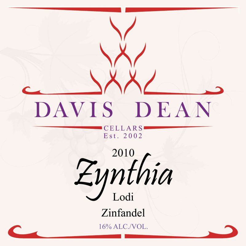 Davis Dean Cellars Zynthia Zinfandel 2010 Front Label