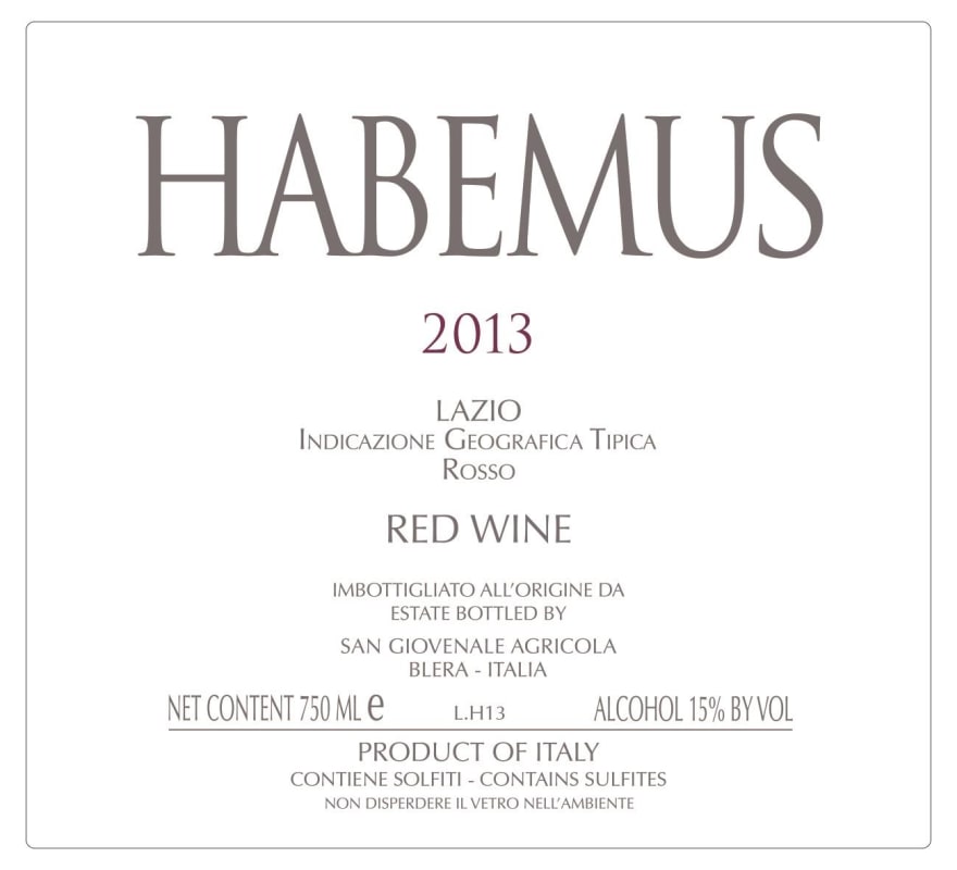 San Giovenale Agricola Srl Lazio Rosso Habemus 2013 Front Label