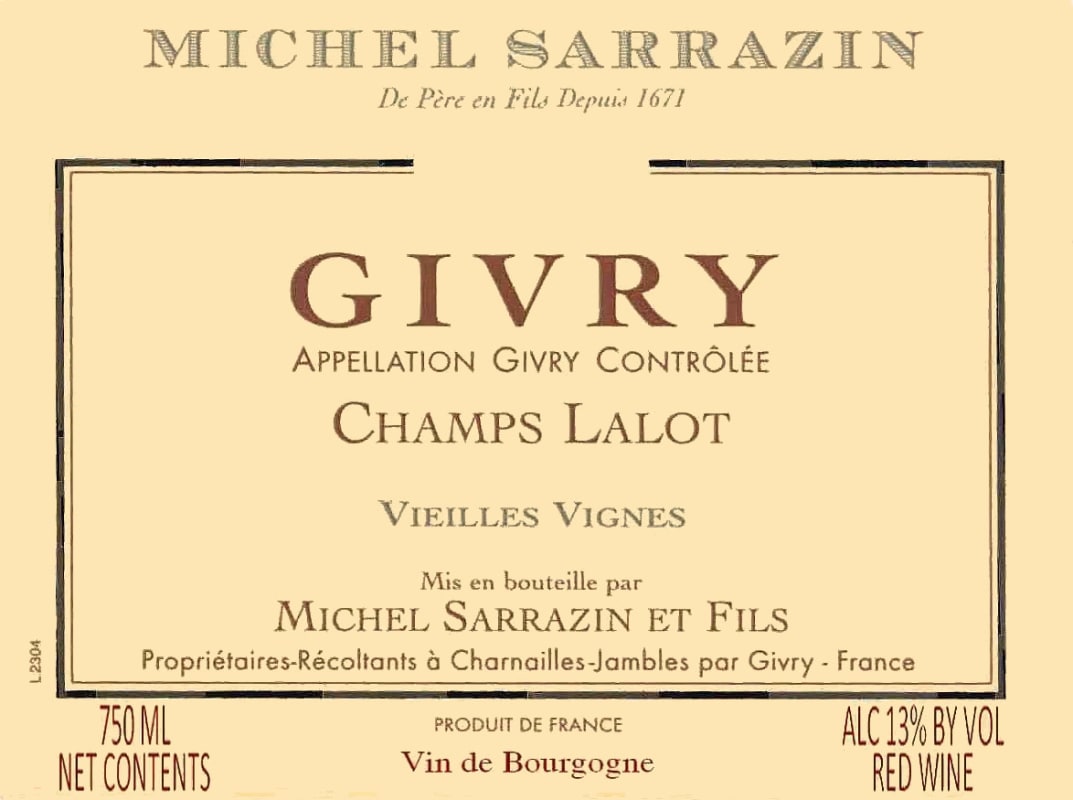 Domaine Sarrazin Givry Champs Lalot Vieilles Vignes 2013 Front Label