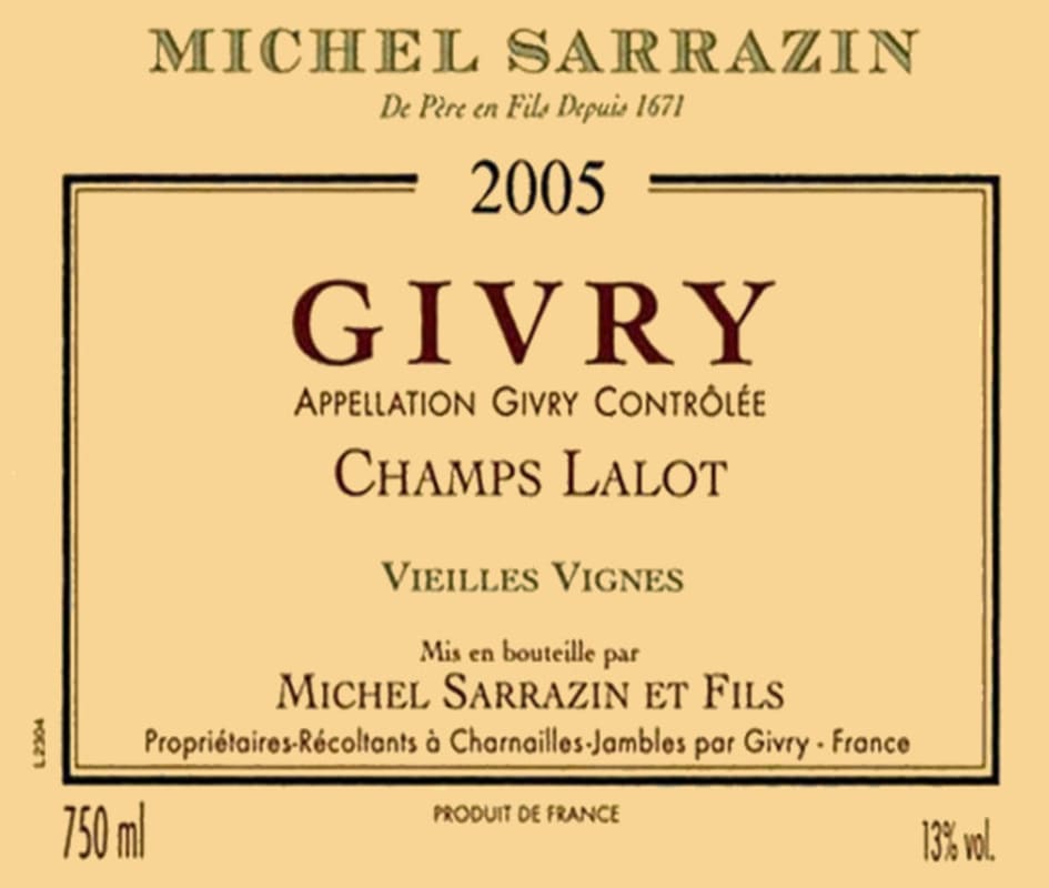 Domaine Sarrazin Givry Champs Lalot Vieilles Vignes 2005 Front Label