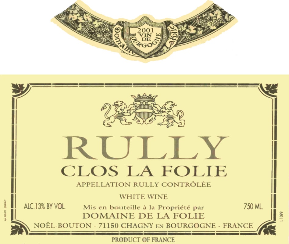 Domaine de la Folie Rully Clos la Folie 2001 Front Label