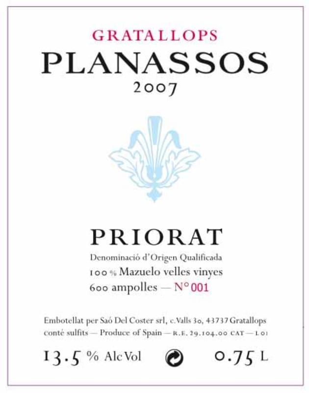 Sao Del Coster Planassos 2007 Front Label