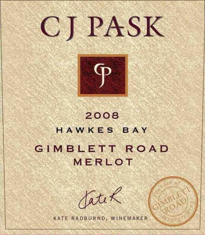C.J. Pask Winery Gimblett Road Merlot 2008 Front Label