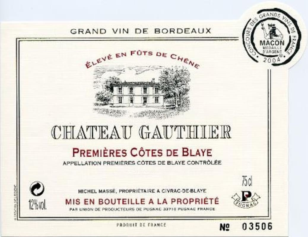 Chateau Gauthier Blaye Cotes de Bordeaux 2007 Front Label