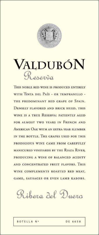 Valdubon Reserva Tempranillo 2009 Front Label