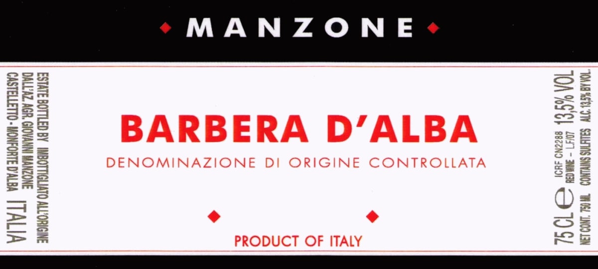 Manzone Barbera d'Alba 2007 Front Label