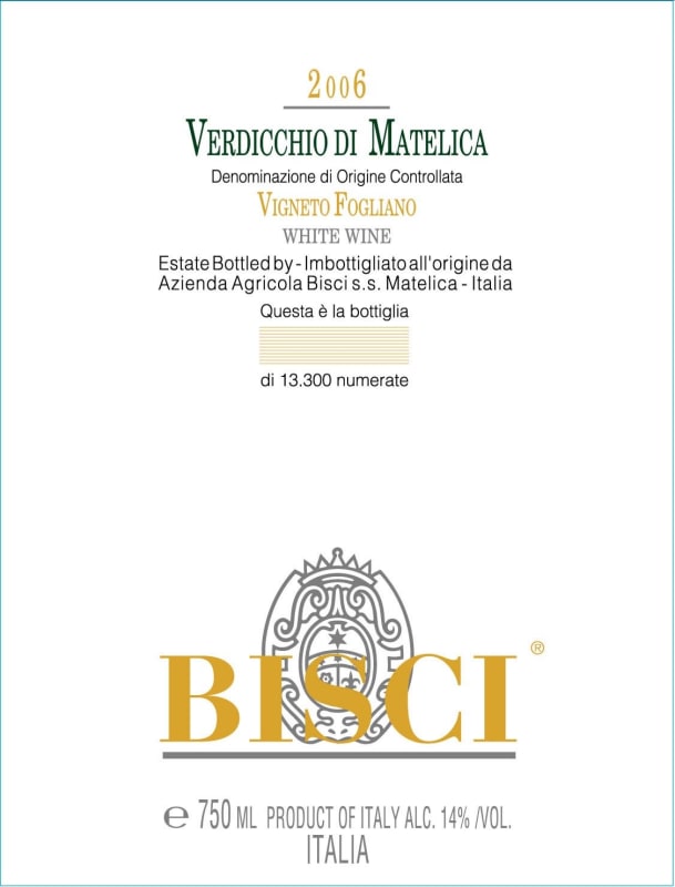 Bisci Verdicchio di Matelica Vigneto Fogliano 2006 Front Label