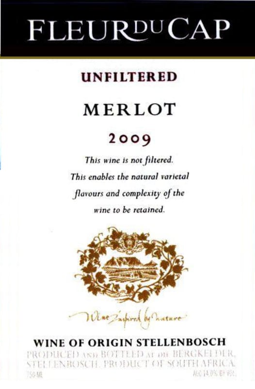 Fleur du Cap Unfiltered Merlot 2009 Front Label