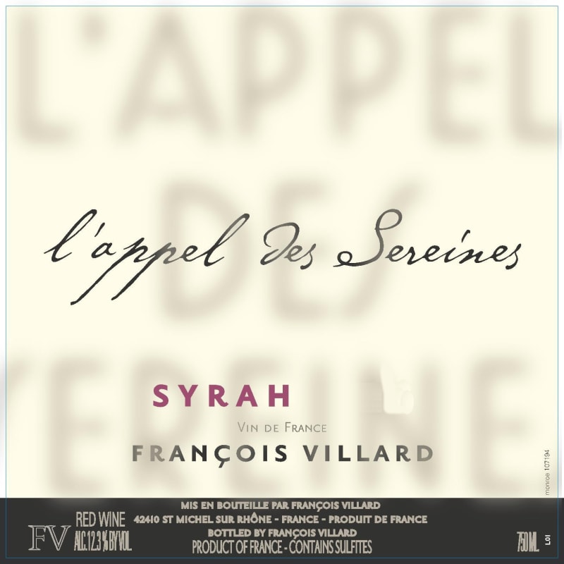 Francois Villard L'Appel des Sereines Syrah 2013 Front Label