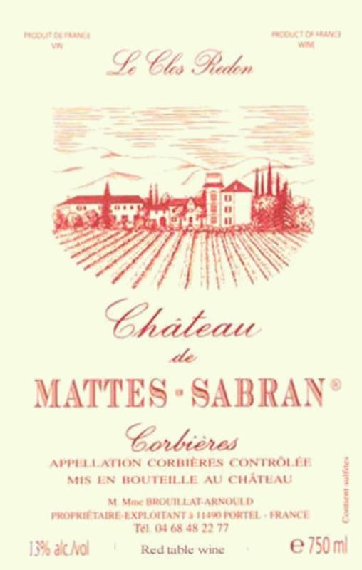 Chateau De Mattes Sabran Corbieres Le Clos Redon 2013 Front Label