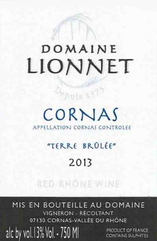 Domaine Lionnet Cornas Terre Brulee 2013 Front Label