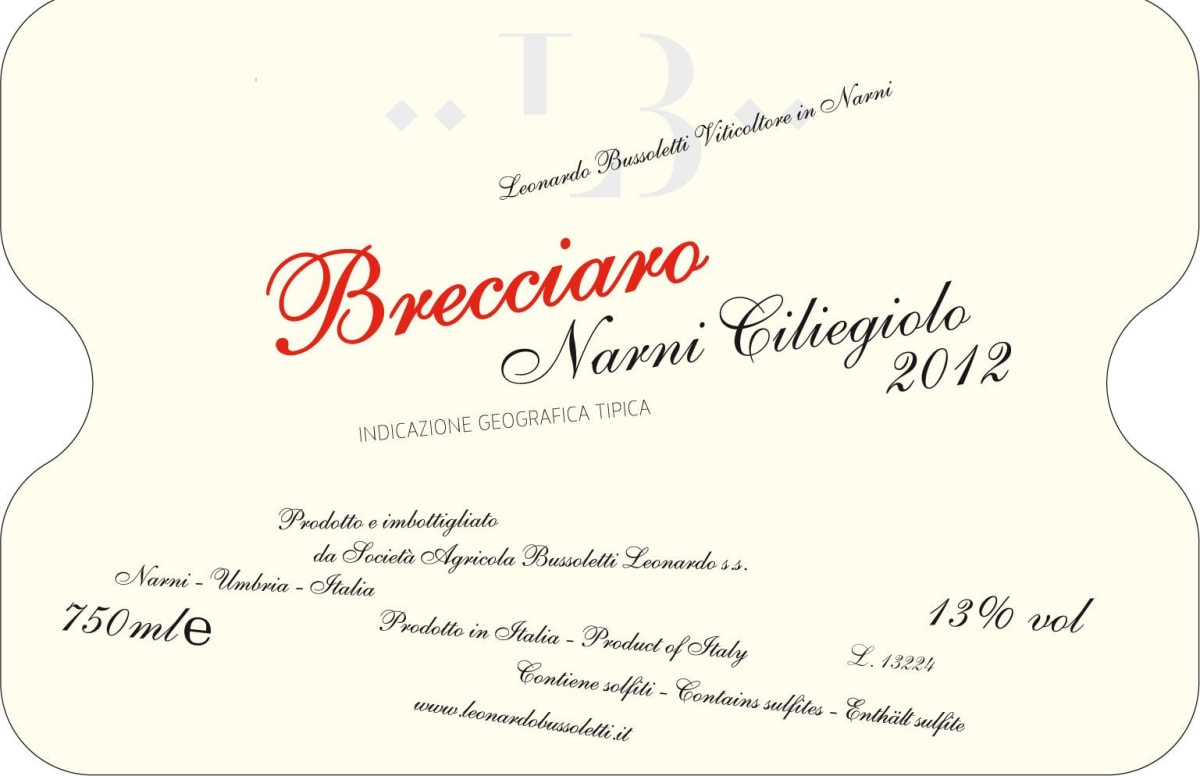 Leonardo Bussoletti Umbria Ciliegiolo Narni Brecciaro 2012 Front Label