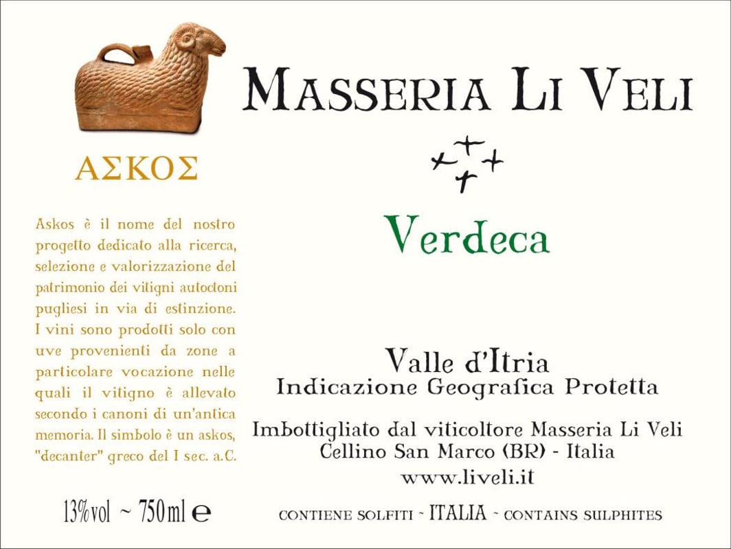 Masseria Li Veli Askos Verdeca 2013 Front Label