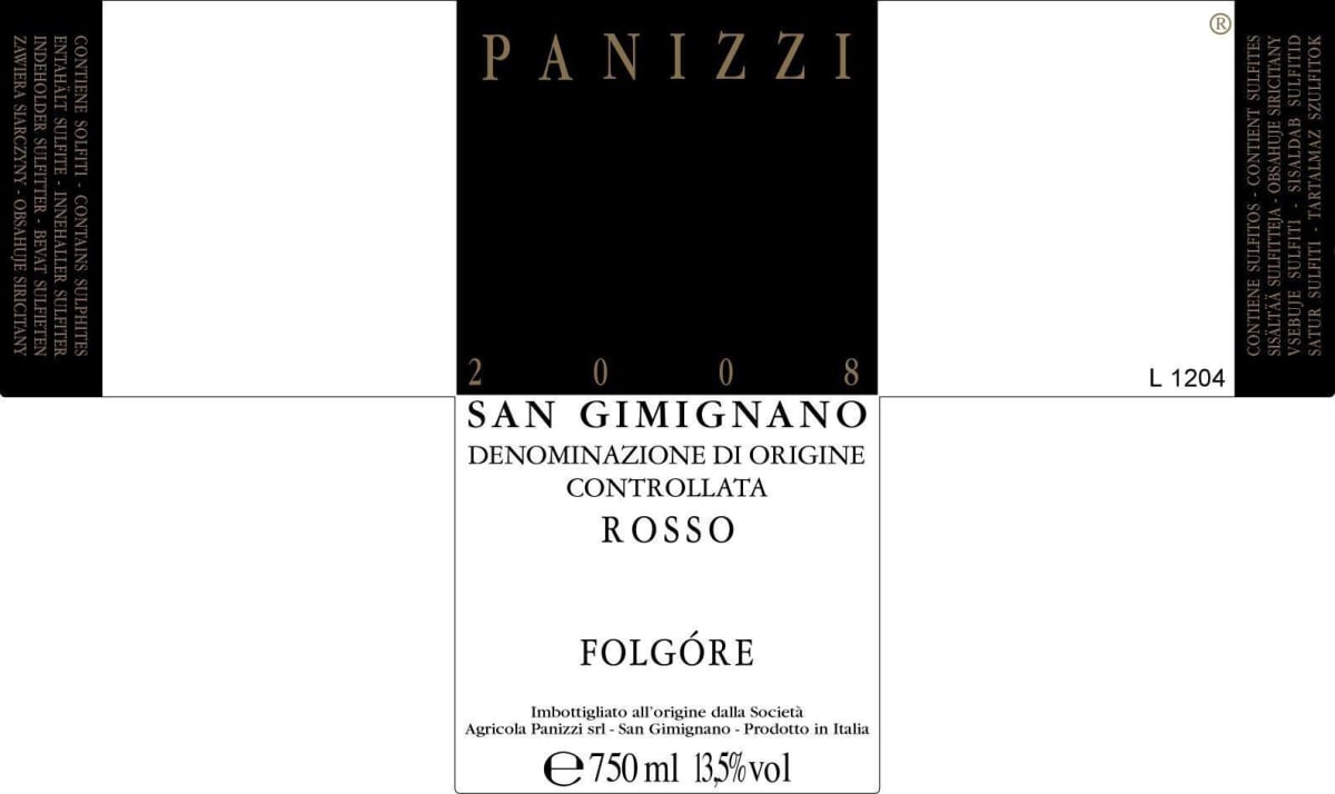 Societa Agricola Panizzi San Gimignano Folgore Rosso 2008 Front Label
