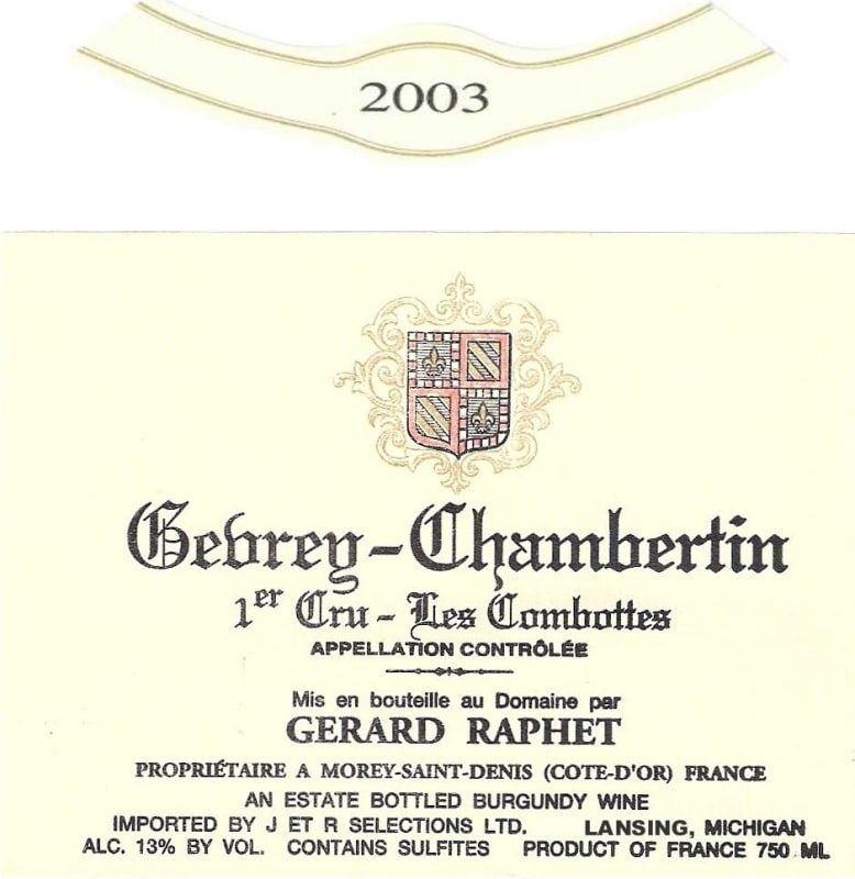 Domaine Gerard Raphet Gevrey-Chambertin Les Combottes Premier Cru 2003 Front Label
