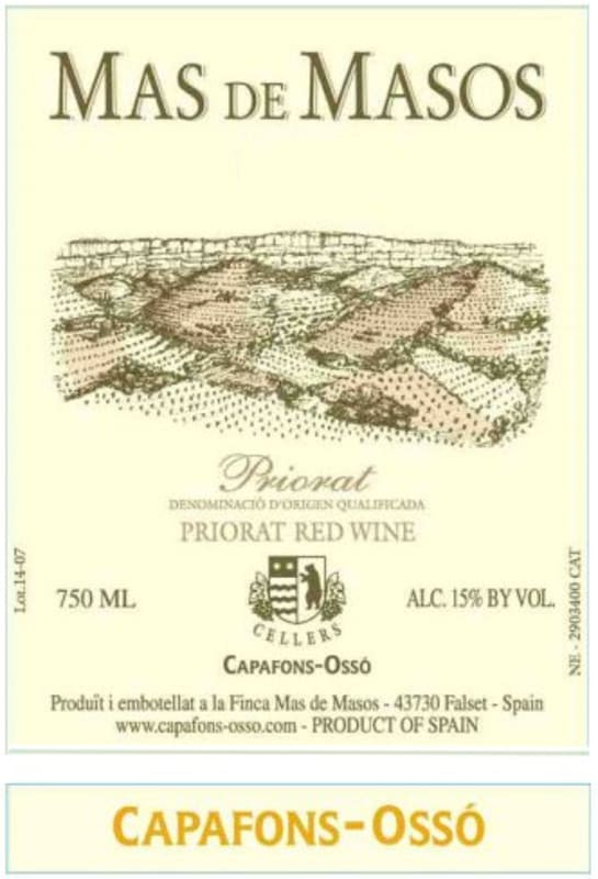 Capafons-Osso Priorat Mas de Masos 2005 Front Label