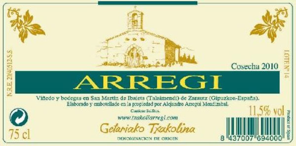 Arregi Getariako Txakolina Blanc 2010 Front Label