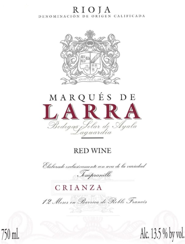 Solar De Ayala Marques de Larra Crianza 2012 Front Label