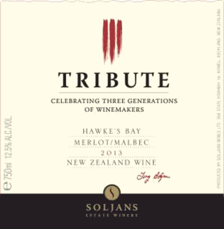 Soljans Estate Winery Tribute Merlot Malbec 2013 Front Label