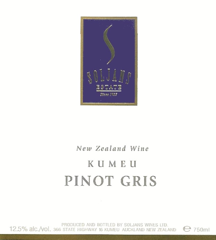 Soljans Estate Winery Pinot Gris 2010 Front Label