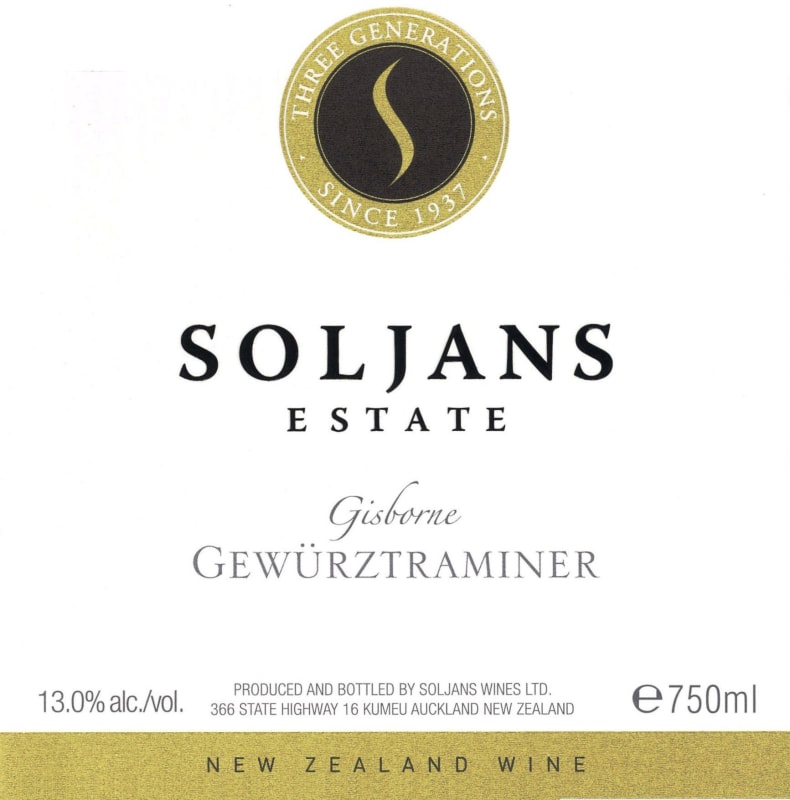 Soljans Estate Winery Gewurztraminer 2015 Front Label