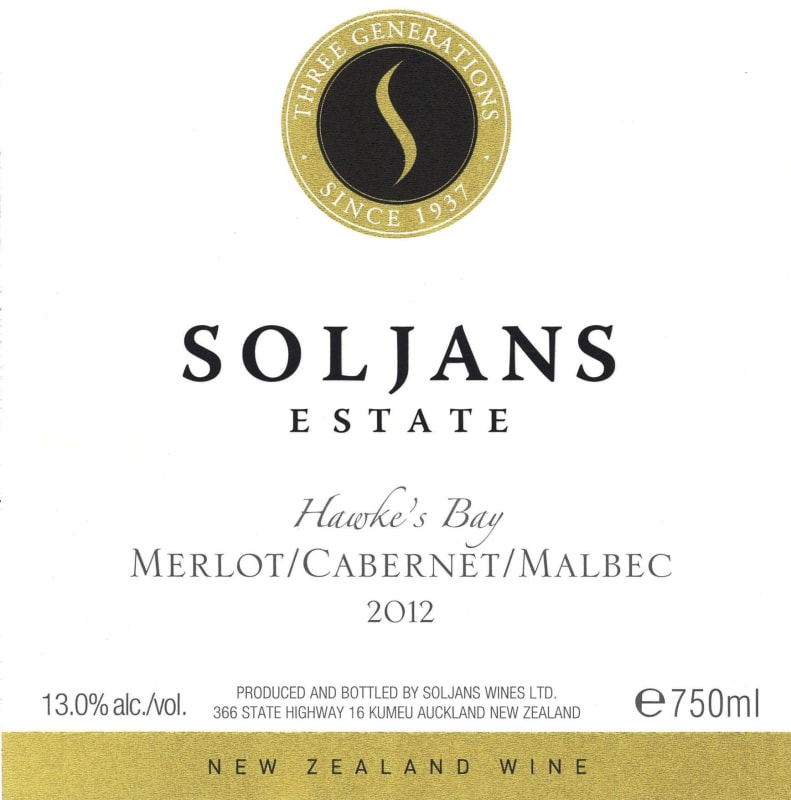 Soljans Estate Winery Merlot Cabernet Malbec 2012 Front Label