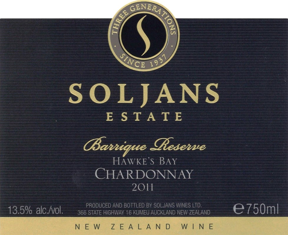 Soljans Estate Winery Barrique Reserve Chardonnay 2011 Front Label