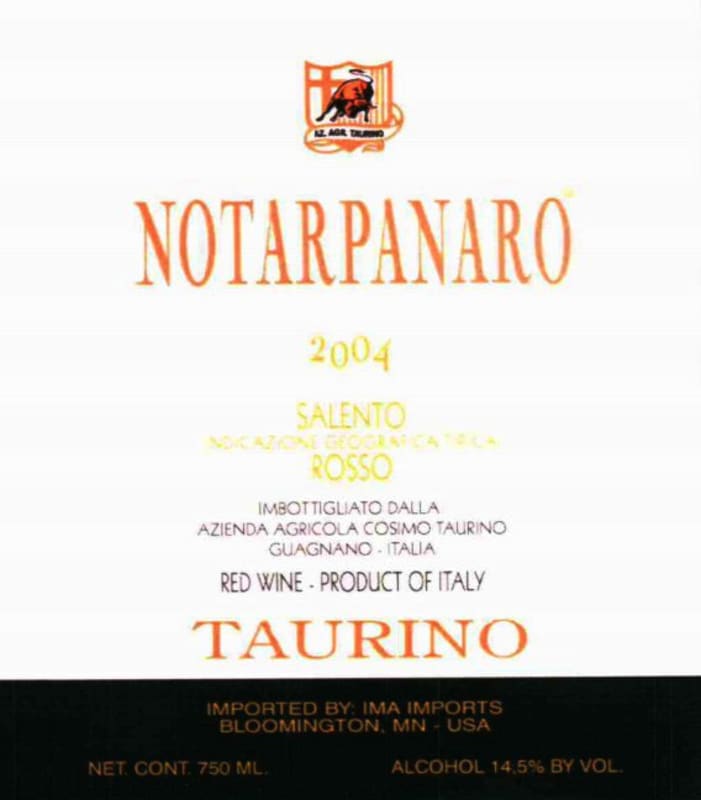 Taurino Salento Notarpanaro Rosso 2004 Front Label