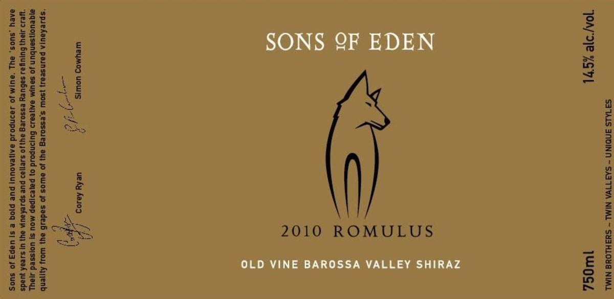Sons of Eden Romulus Shiraz 2010 Front Label