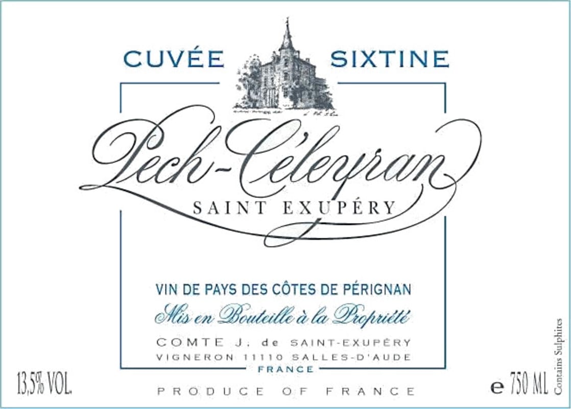 Pech-Celeyran Vin de Pays des Cotes de Perignan Cuvee Sixtine 2013 Front Label