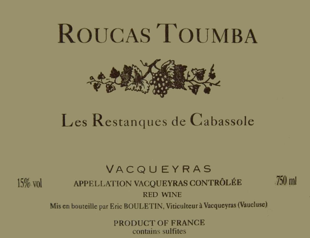 Roucas Toumba Restanque de Cabassole 2010 Front Label