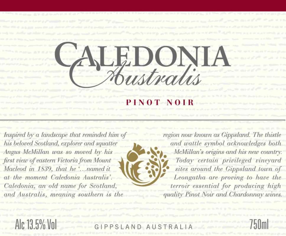 South Gippsland Wine Company Pty Ltd. Caledonia Australis Pinot Noir 2006 Front Label