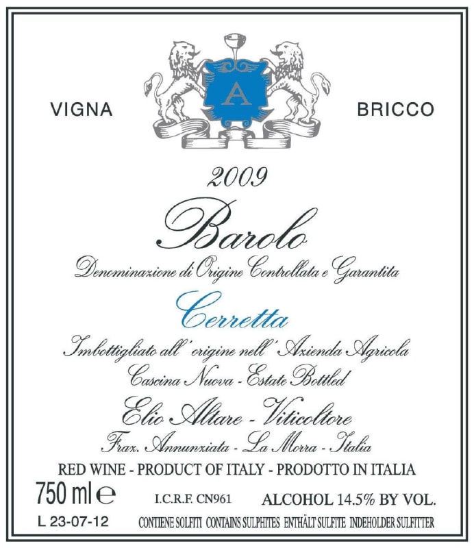 Elio Altare Barolo Cerretta Vigna Bricco 2009 Front Label