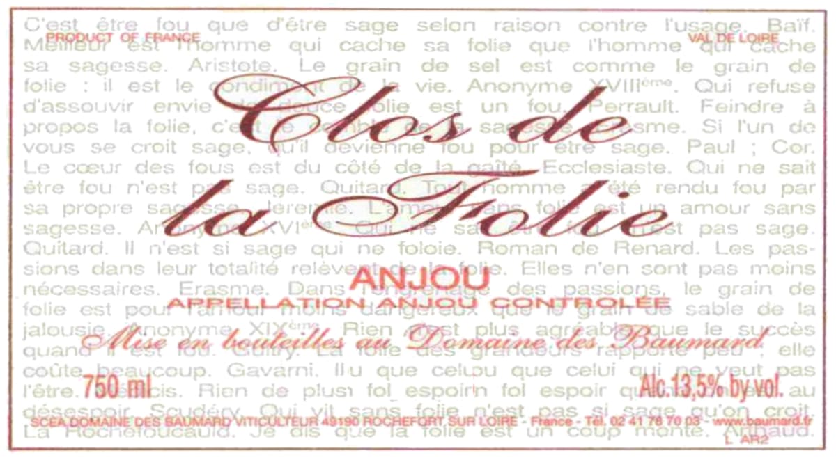 Domaine des Baumard Anjou Clos de la Folie Rouge 2009 Front Label