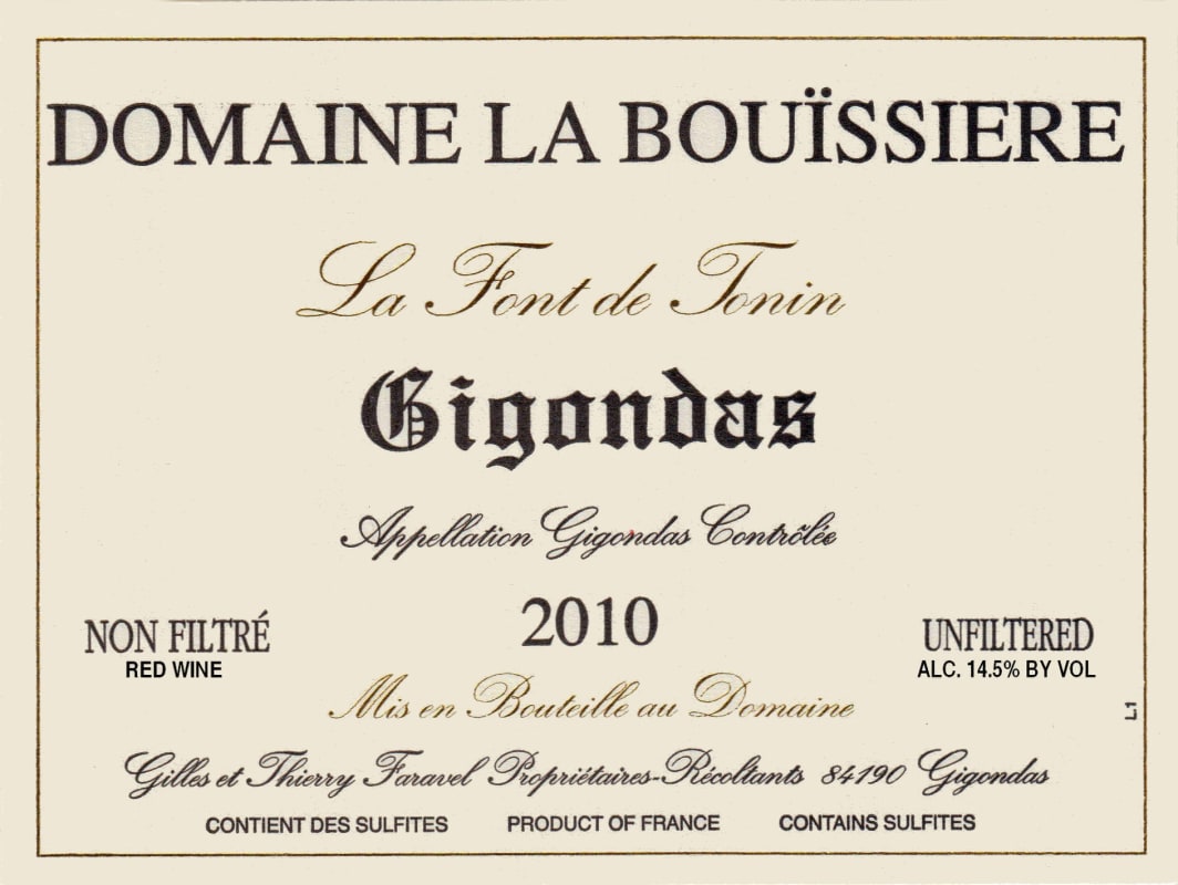 Domaine La Bouissiere Gigondas La Font de Tonin 2010 Front Label