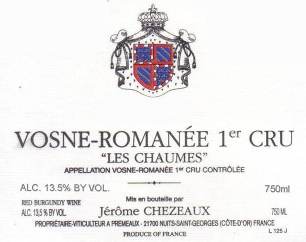 Jerome Chezeaux Vosne-Romanee Les Chaumes Premier Cru 2012 Front Label