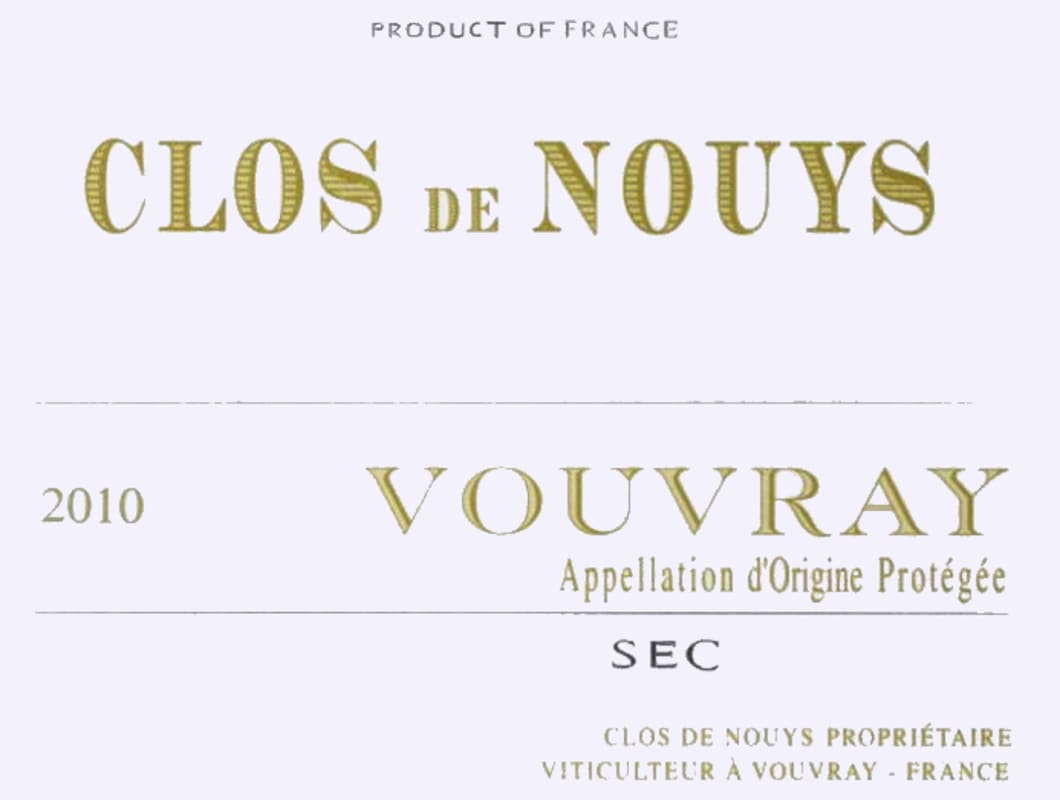 Clos de Nouys Vouvray Sec Blanc 2010 Front Label