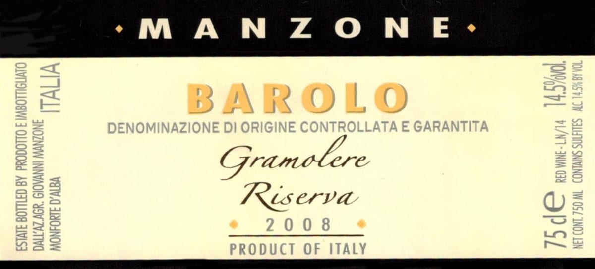 Manzone Barolo Riserva Le Gramolere 2008 Front Label