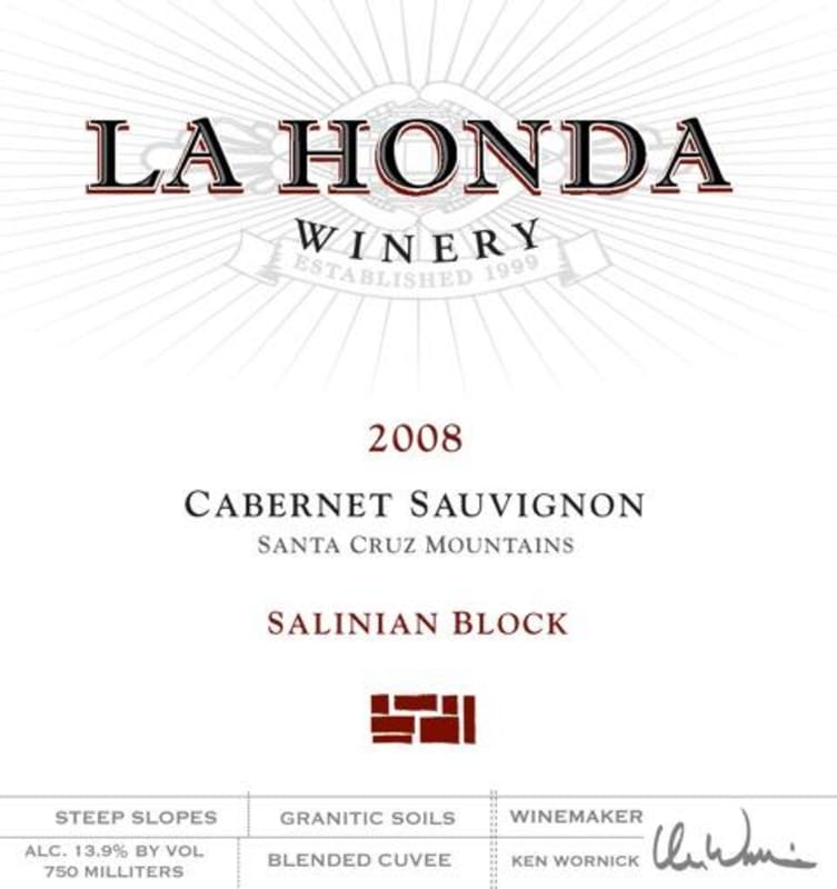 La Honda Winery Salinian Block Cabernet Sauvignon 2008 Front Label