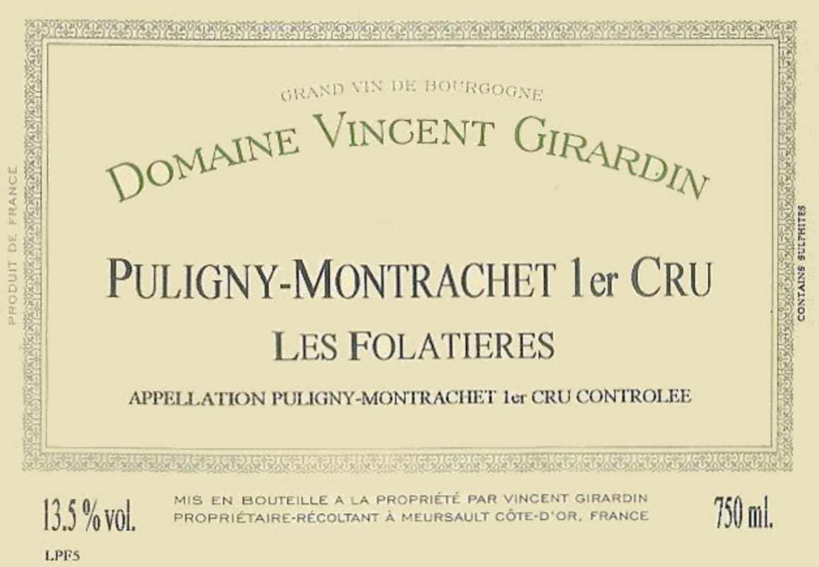Vincent Girardin Puligny-Montrachet Les Folatieres Premier Cru 2012 Front Label